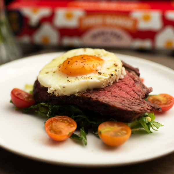Smoked Eggs with Grilled Filet Mignon Over Apple Cider Vinaigrette Salad